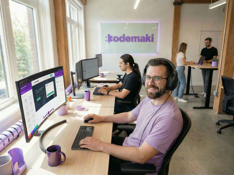 En las oficinas de Kodemaki dos chicos trabajan con ordenador. A la derecha, de pie, un chico y una chica conversan frente a una mesa alta.